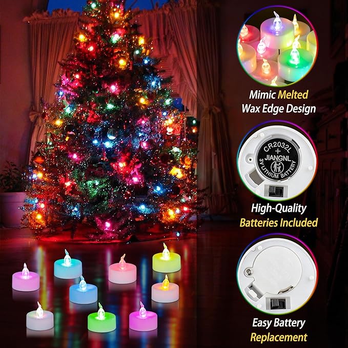48 Pack Fast Color Changing Tea Lights Battery Operated, Flameless Flickering Electric Colored TeaLights, Flicker LED Colorful Votive Candles Bulk for Christmas Party Halloween Home Decorations