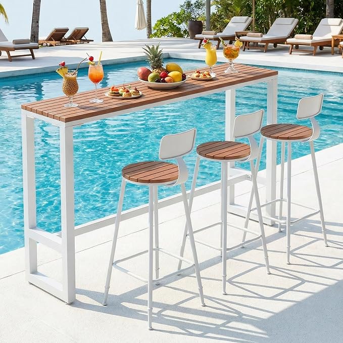 Outdoor Bar Table Weather Resistant, Wood Counter Height Bar Table Rain Sun Protection, Extra Long High Top Table 47.2"-102.4", for Patio, Garden, Yard, Balcony, Poolside(White,63"x15.7"x40.5")