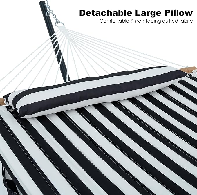 2 Person Hammock with Stand for Outside, Heavy Duty Steel Stand, Double 55inch Hammocks, Large Removable Pillow, Storage Bags, Max 475 lbs Capacity (Stripe Black-White)