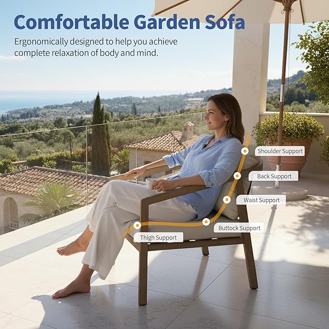Patio Conversation Sets Outdoor Armchair, 2 Piece Aluminum Patio Sofa Chairs with Washable Thick Cushions, Modern All-Weather Patio Furniture Sets for Garden, Backyard, Porch (Brown+Beige)