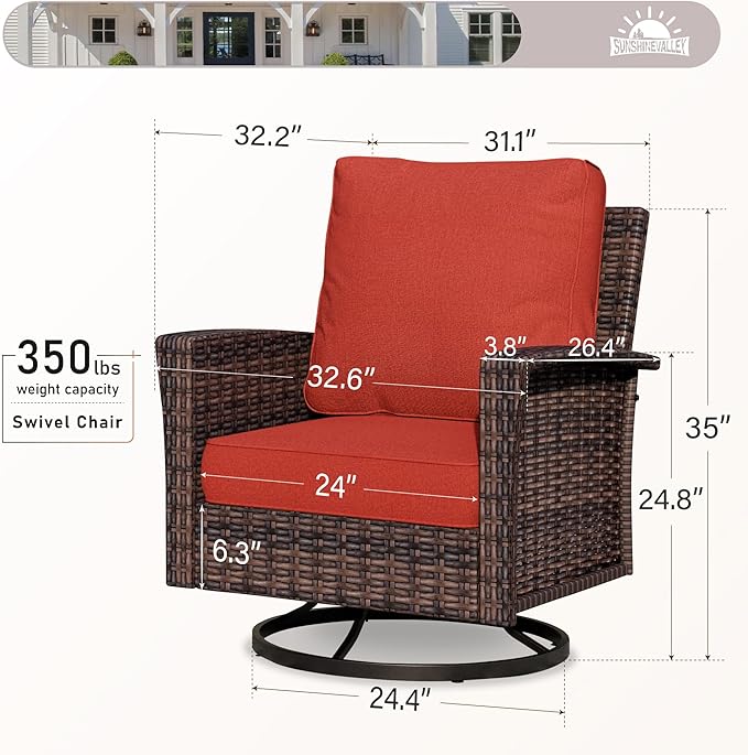 Patio Wicker Swivel Chairs Set of 2, Outdoor High Back Chairs with 5.5" Waterproof Cushions, Outdoor Furniture Set for Deck Porch and Yard, Red