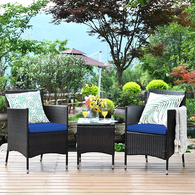 Tangkula Patio Furniture Set 3 Piece, Outdoor Wicker Rattan Conversation Set with Coffee Table, Chairs & Thick Cushions, Suitable for Patio Garden Lawn Backyard Pool (Navy)