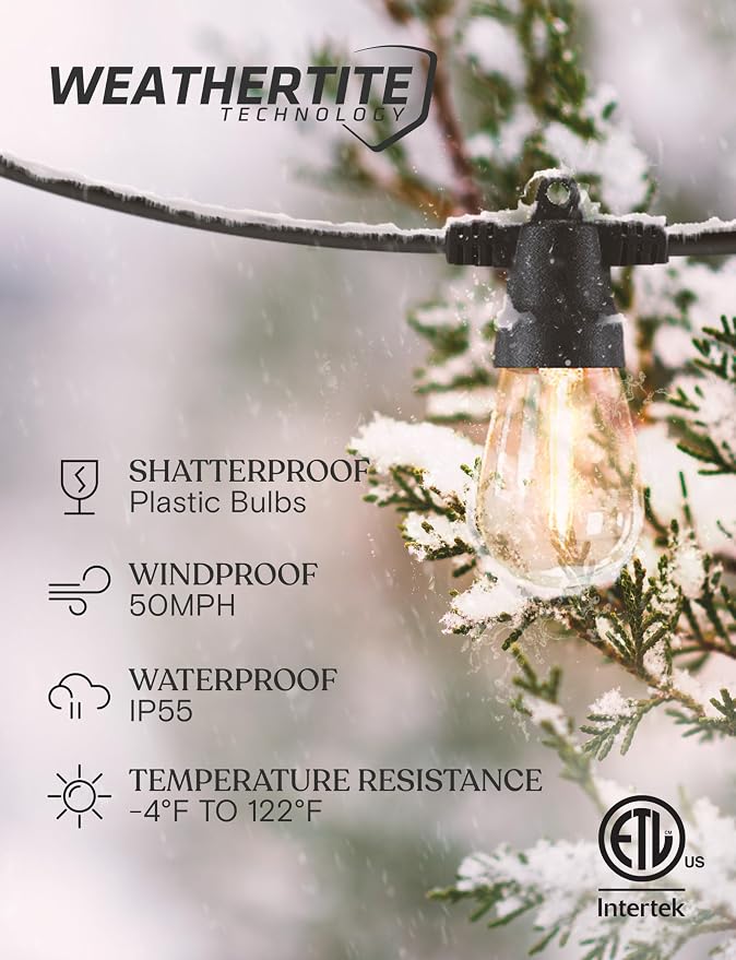Brightech 48 (42+6) FT Ambience Pro Outdoor Solar String Lights - Bright Remote Control Color Adjustable Solar Light - Commercial Grade, 15 Waterproof LED Bulbs for Patios, Camping, Yard, Outside