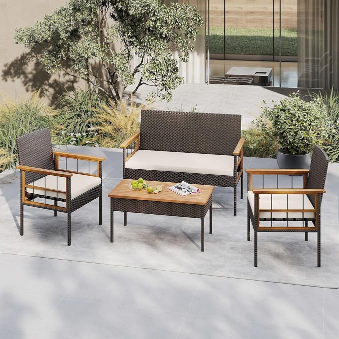 HAPPYGRILL Patio Furniture Set Outdoor Rattan Wicker Conversation Set with Acacia Wood Coffee Table, Chairs, Loveseat & Cushions, for Porch, Garden, Backyard, Poolside (8 Pieces)