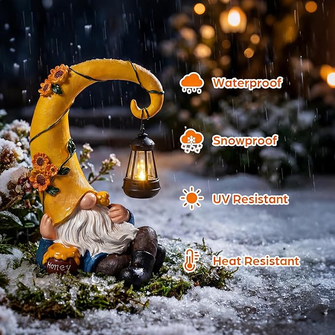 Lavezee Garden Gnomes Outdoor, Spring Gnome Statue with Solar Lantern for Yard, Patio, Lawn Graden Decor, Funny Gnome Gifts for Mom Grandma Women