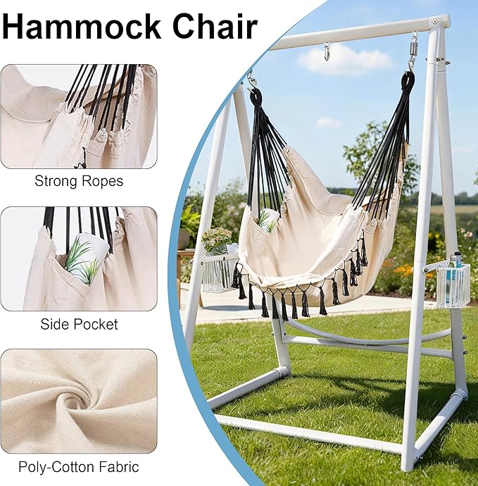 Hammock Chair with Stand Hanging Rope Swing Chair, Heavy-Duty Steel Max 350 LBS Capacity for Indoor Outdoor Patio Garden Balcony (White)