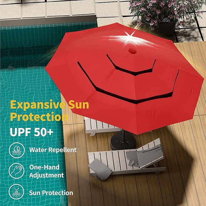 Kingdura 9ft 3-Tier Patio Umbrella with Solar Lights, Table Umbrella Outdoor Patio with Easy Crank & Tilt, 8 Sturdy Ribs, UV Protection, 32 LED Lights for Deck, Poolside, Market (Red)