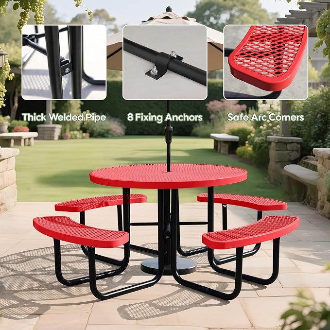 46" Round Picnic Tables for Outdoors,Commercial Metal Picnic Table Bench Set W/ Umbrella Hole,Restaurant School Canteen Tables W/Seats - Heavy Duty Sturdy Picnic Tables for Patio Garden Coffee Shop