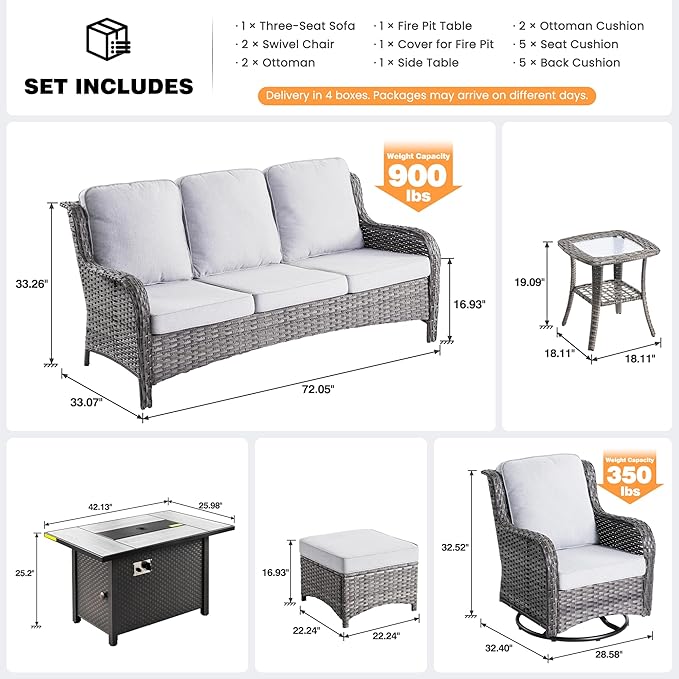 ovios 7-Piece Patio Furniture Set with Swivel Chairs Coffee Table, Outdoor Wicker Sofa with 42" Fire Pit Table, High Back Couch Modern Conversation Sets, Grey/Grey