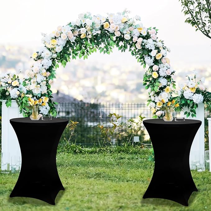 2 Sets 32in Round Folding Cocktail Tables with Spandex Stretch Table Covers for Indoor Outdoor Use Portable Ideal for Parties Events Dining and Gatherings (White Set+2BKcloth)