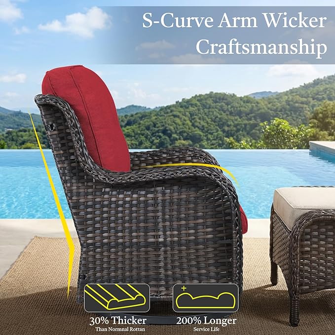 Wicker Patio Conversation Furniture Set All Weather Outdoor Furniture Set with Swivel Rocker Chairs and Fire Pit Table, High Back, 4 Inch Thick Cushions – Brown Wicker/Red Cushion, 5 PCS