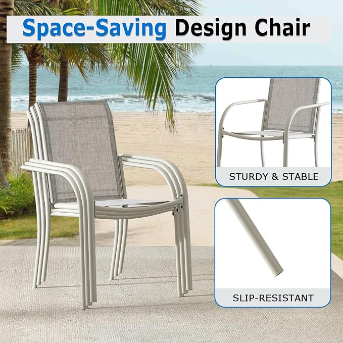 5-Piece Patio Furniture Set, Patio Table and Chairs Set of 4, Ivory Round Patio Table and Grey Chairs, Patio Furniture Set for Garden, Yard, Patio
