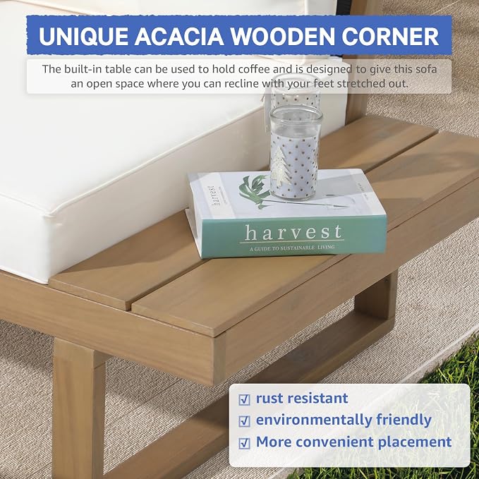 SUNSITT 4 Piece Acacia Wood Patio Furniture with Waterproof Cover, L-Shaped Outdoor Sectional Sofa Set with Coffee Table, FSC Certified Conversation Set with Built-in Side Table & Cream White Cushions