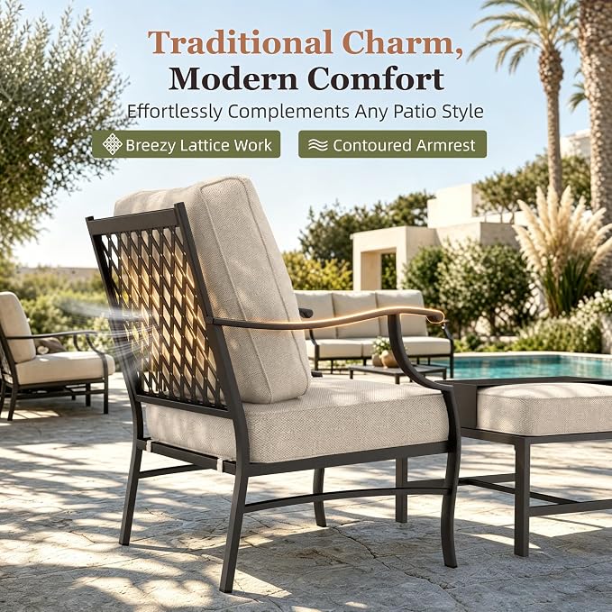 HERA'S HOUSE 7 Piece Patio Furniture Set, 2 x Swivel Chair, 2 x Fixed Chair, 2 x Ottoman, 1 x 3-Seat Sofa, All Cushioned Outdoor Conversation Set for Lawn Garden Backyard, Grey
