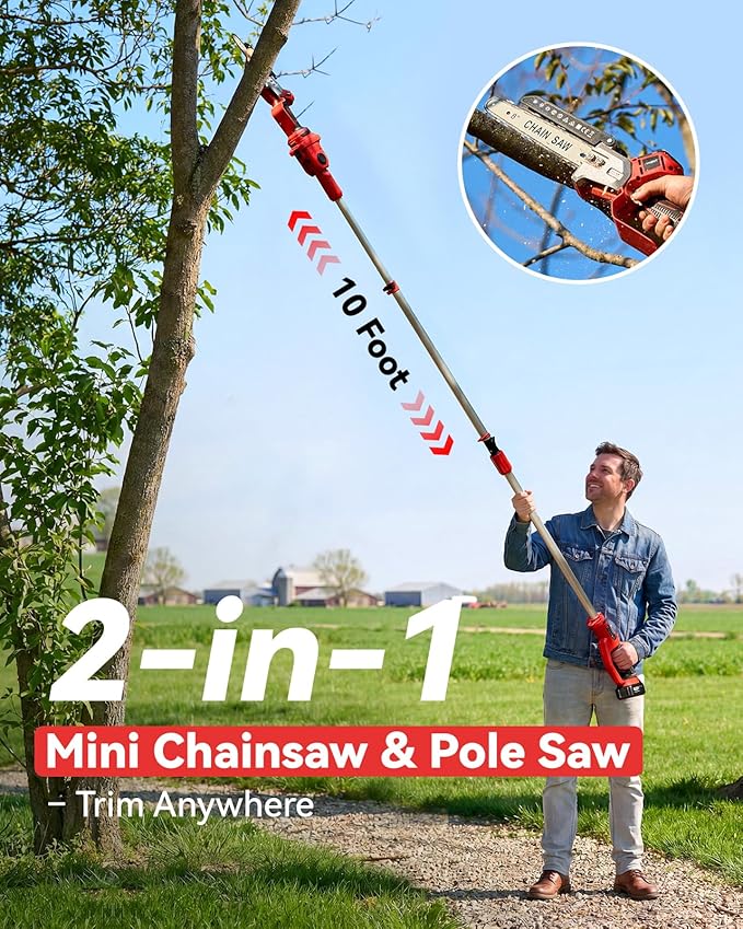 2-in-1 Cordless Pole Saw & Mini Chainsaw, 8-inch Brushless Chainsaw with 2*4000mAh Batteries and a Telescopic Pole Extendable to 15ft, Power Electric Polesaw for Tree Cutting & Branch Trimming