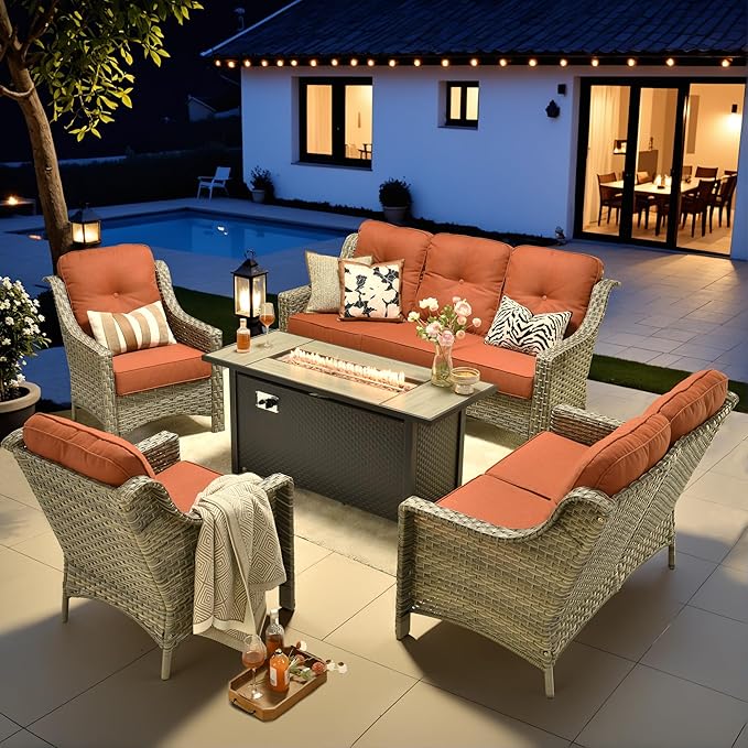 HOOOWOOO Patio Furniture Set,5 Pieces Wicker Outdoor Furniture,High Back Conversation Set with All Weather Resistant Fire Pit Table Couch Loveseat Chairs,Red