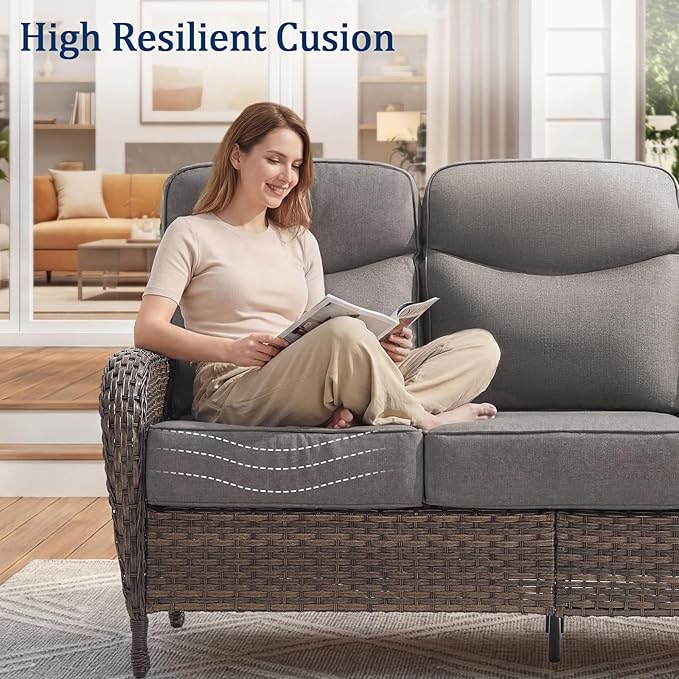 Outdoor Swivel Rocking Chair Patio Set (8pcs) High-Back - Thick Cushion Swivel Rocking Chair Patio with Fire Table Set, All-Weather Wicker Patio Furniture Set, Suitable for Balcony Patios, Brown/Gery