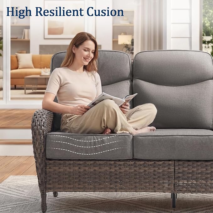 Outdoor Swivel Rocking Chair Patio Set (8pcs) High-Back - Thick Cushion Swivel Rocking Chair Patio with Fire Table Set, All-Weather Wicker Patio Furniture Set, Suitable for Balcony Patios, Brown/Gery