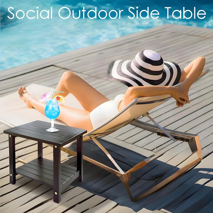 Small Acacia 16 Inches Outdoor Side Table Double Adirondack Side Table Sturdy Patio End Table Weather Resistant Wood End Tables for Garden, Backyard, Bed, Living Room, Couch