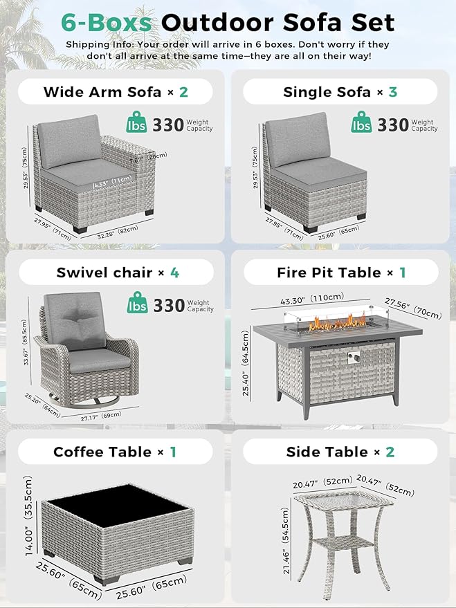 13 Piece Outdoor Wicker Rattan Sectional Sofa Set with Swivel Chairs & Fire Pit Table, 9-Seats with 4" Thickened Cushions & Coffee Table, All-Weather PE Rattan for Garden, Backyard, Porch, Grey