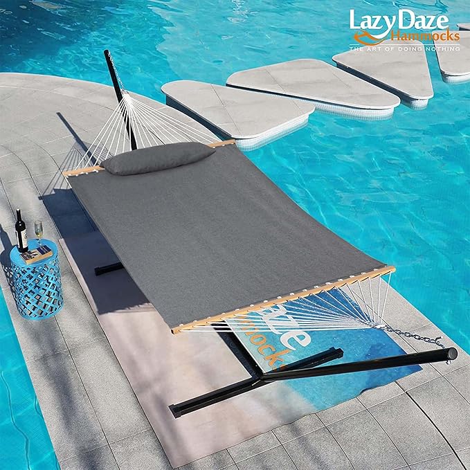 Lazy Daze Hammocks 12 FT Sunbrella Fabric Hammock not Fading with Spreader Bars and Free Pillow Fits for 2 Persons, All Weather and Fade Resistant for Patio Yard, 450 lbs Capacity, Cast Slate