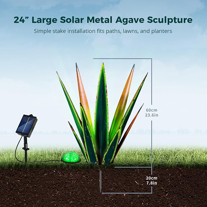 KODIBO Large Metal Agave Plant Outdoor Decor with Solar Light, Vintage Green