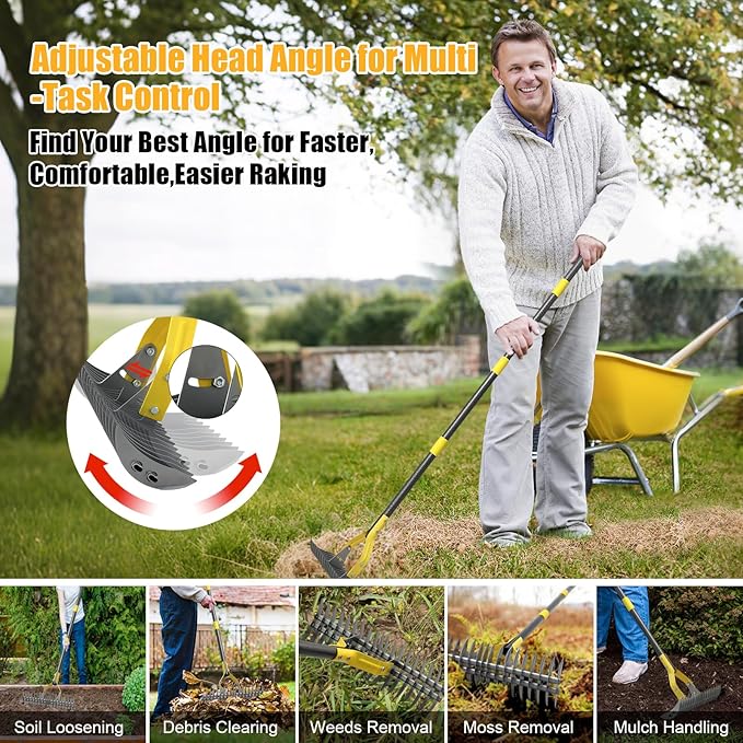 Dual-Action Thatch Rake for Lawn – Efficient 15" Thatching Rake with Sharp Dethatching Blade,Manual Dethatcher & Scarifier Tool for Dead Grass Removal,Soil Loosening,Garden Yard Lawn Care,55" Long