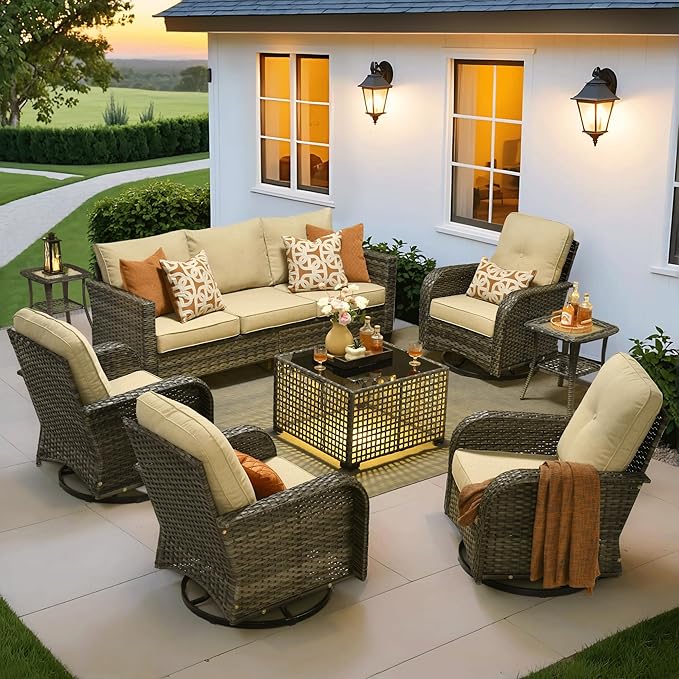 ovios 8 Pieces Patio Furniture Set, Outdoor Wicker Sofa Couch with Rocking Swivel Chairs Solar Lights Table, Modern Deep Seat Rattan Conversation Sets for Deck Porch, Beige