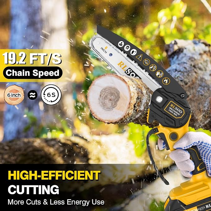 Mini Chainsaw Cordless, RLSOO 6 Inch Electric Chain Saw, Portable Small Handheld Chain Trimmer for Wood Cutting, Tree Trimming, Courtyard, Household, and Garden (Includes 2 Batteries and 3 Chains)