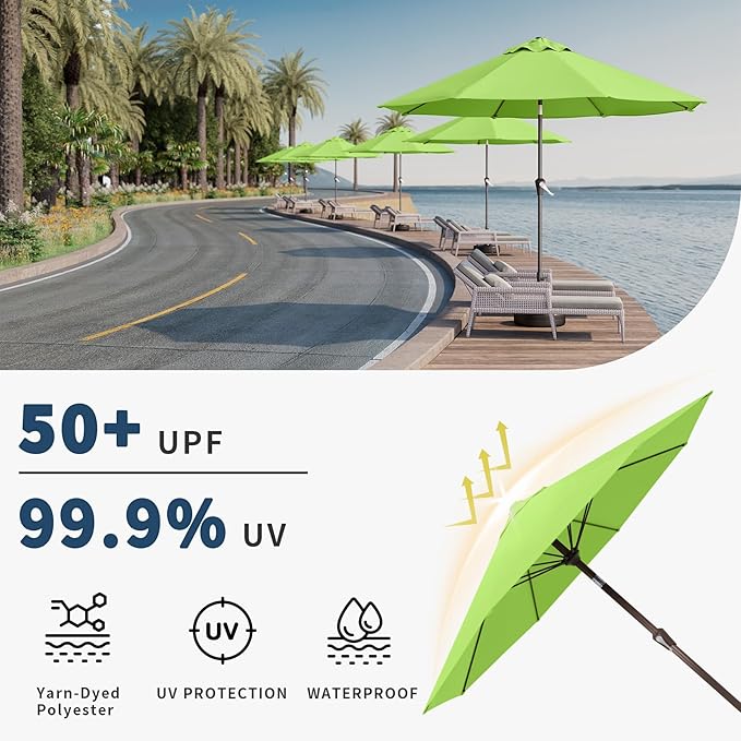 10FT Patio Umbrella Outdoor Market Umbrella with Crank and Tilt, 8 Flexible Fiberglass Ribs, UV-Resistant Waterproof Canopy for Patio, Deck, Garden, Backyard, Apple Green