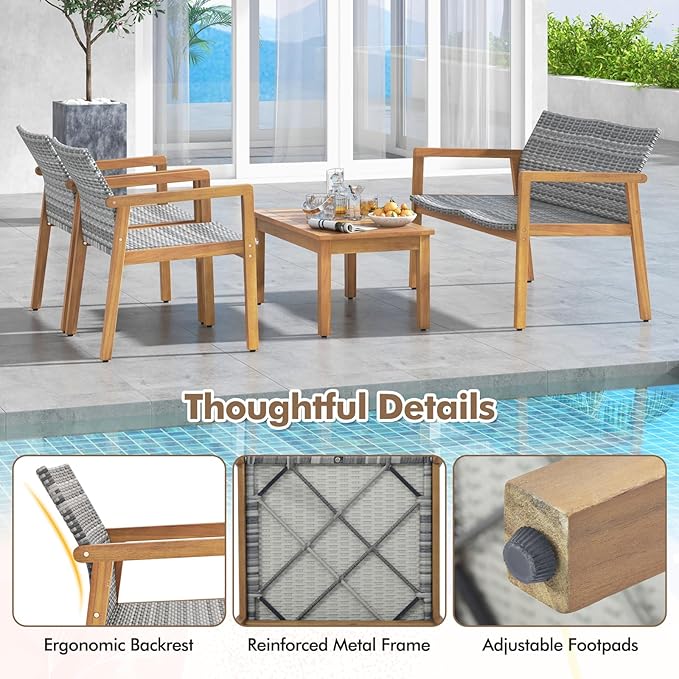 Tangkula 4 Pieces Outdoor Furniture Set, Acacia Wood Frame Sofa Set w/Rattan Seat & Back, Patio Conversation Set w/Coffee Table for Balcony, Poolside, Backyard (Mix Gray)