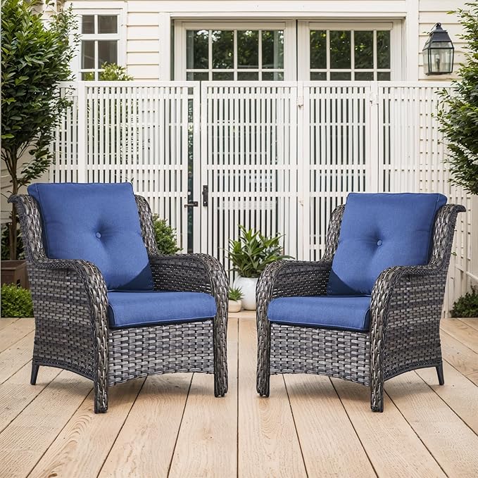 Belord High Back Patio Chairs Set of 2 - Gray Wicker Outdoor Seating, 4" Wide Armrests Rattan Outdoor Club Chairs with Blue Removable Cushion for Deck Porch Backyard