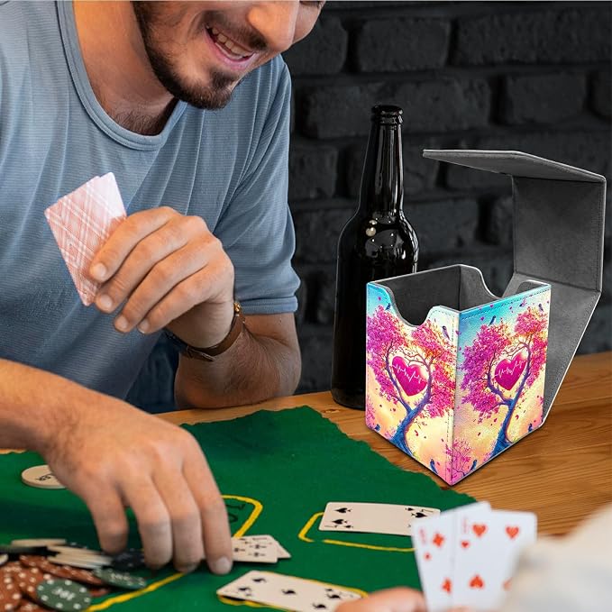 Deck Box for MTG, Cards Storage Box Fits 120+ Sleeved, Leather Medium Size Strong Magnetic Closing Card Case for Board Games Magic TCG CCG Baseball Collection, Pink Tree