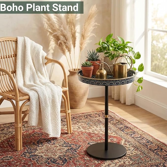 Gesodant Boho Single Leg Round Side Table with Tray Top, Pedestal Drink Table for Small Spaces, Aesthetic Accent Nightstand for Living Room, Bedroom, Corners, and Office (Blue Maze)