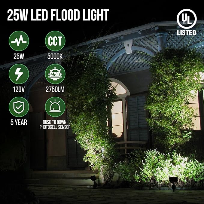 GKOLED 25W LED Flood Lights Outdoor, Dusk to Dawn Security Light, with Anti-Glare Guard, 120V 5000K 2750LM Waterproof Landscape Lighting, Aluminum, 1/2" Knuckle Mount, 2 Pack, UL Listed