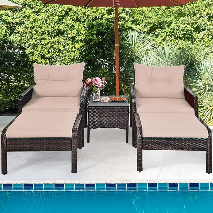 HAPPYGRILL 5-Piece Patio Furniture Set Outdoor Rattan Wicker Conversation Set with Coffee Table Cushioned Sofas and Ottoman Chat Set for Garden Backyard