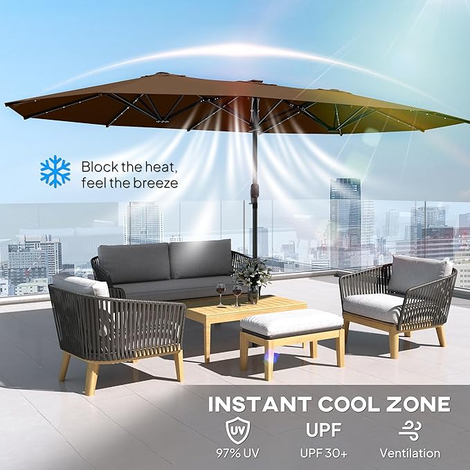 Outsunny 14.8ft Double Umbrella, Large Outdoor Patio Sun Shade with LED Solar Light for Garden