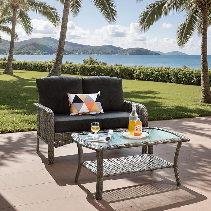 2-Piece Outdoor Patio Furniture Set with Coffee Table, Outdoor Conversation Wicker Sofa with Thickened Cushions, Rattan Couch for Deck Yard Poolside, Black