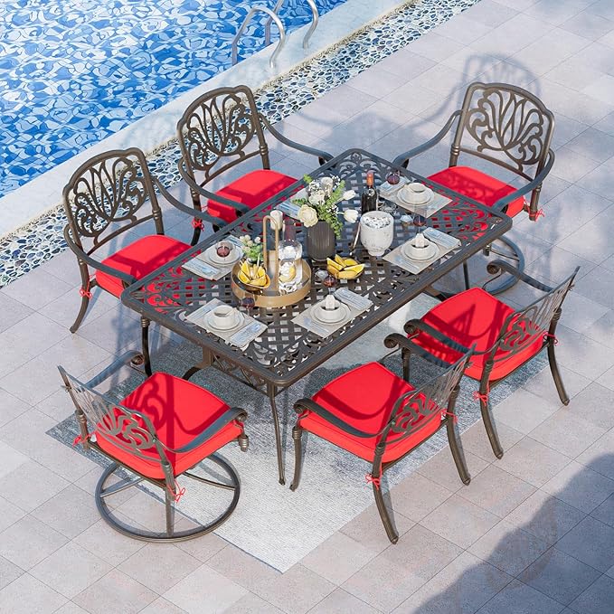 Grepatio 7 Piece Patio Dining Set Outdoor Cast Aluminum Furniture Set with 4 Chairs 2 Swivel Chairs and Umbrella Hole Table for Backyard Garden Poolside with 6 Cushion (Red)