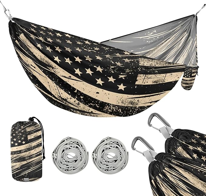 Vintage Military American Flag Black Hammocks for Camping with Portabl Carry Bag Backyard Hammock for Indoor Outdoor Patio