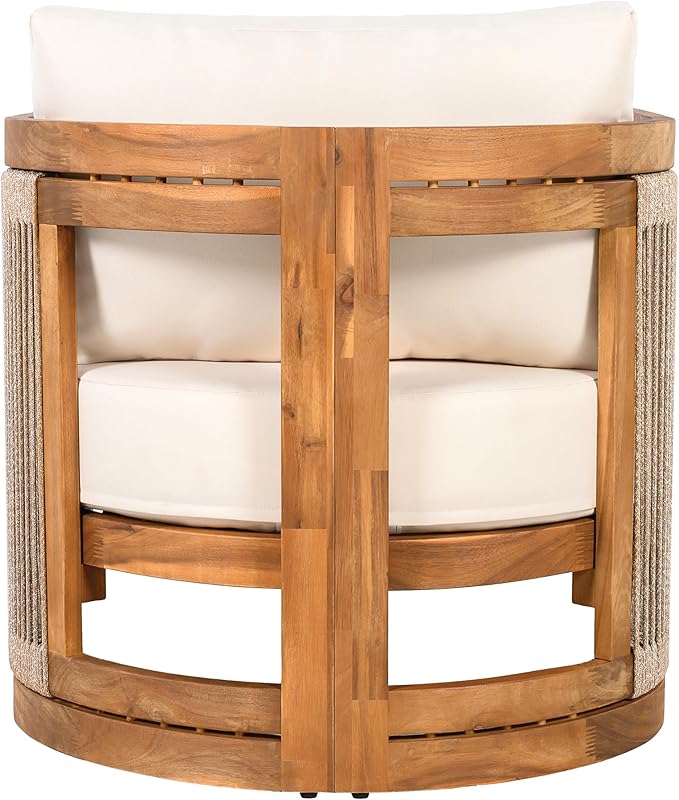 Christopher Knight Home Malphite 3 Pieces Conversation Set, Acacia Wood Chat Set, Round Coffee Table and Woven Rope Accent Chairs, Slat Design Patio Furniture Set for Backyard Garden, Beige + Teak