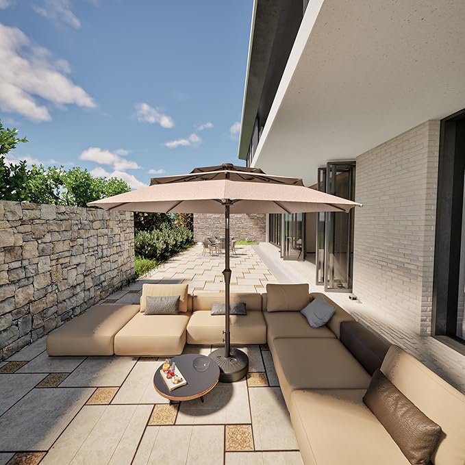 PatioKingdom 9ft 3-Tier Patio Market Umbrella with Crank/Tilt, Commercial Heavy Duty Wind Proof,Outdoor Table Umbrella with 8 Fiberglass Ribs,UPF50+ for Deck,Pool,Garden,Backyard (Beige)