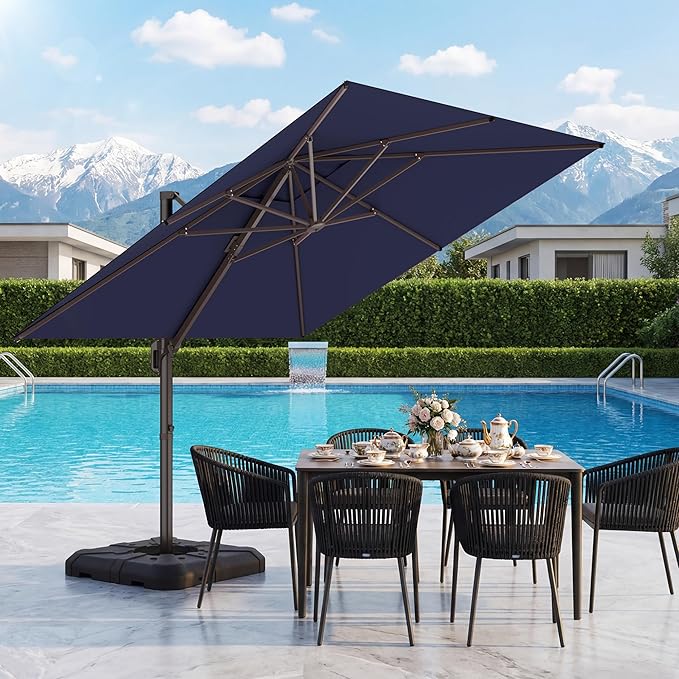 HASLE OUTFITTERS 10x10 FT Patio Cantilever Umbrella, Outdoor Offset Large Heavy Duty Umbrellas with 360° Rotation for Pool Garden Deck，Navy