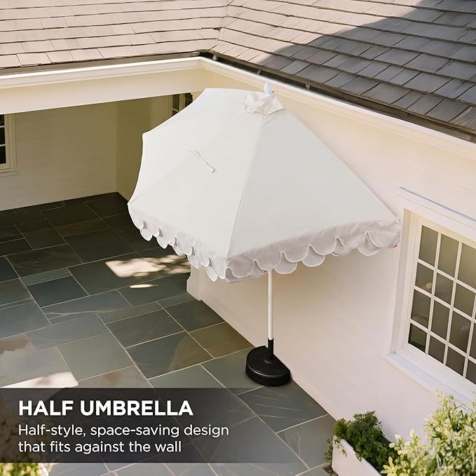 JONATHAN Y Terrace Scalloped 9 ft. Half Round Patio Umbrella with Crank Lift and Tilt, Coastal Semicircle Market Wall Umbrella for Balcony, Cream/White, White Pole UMB1202C