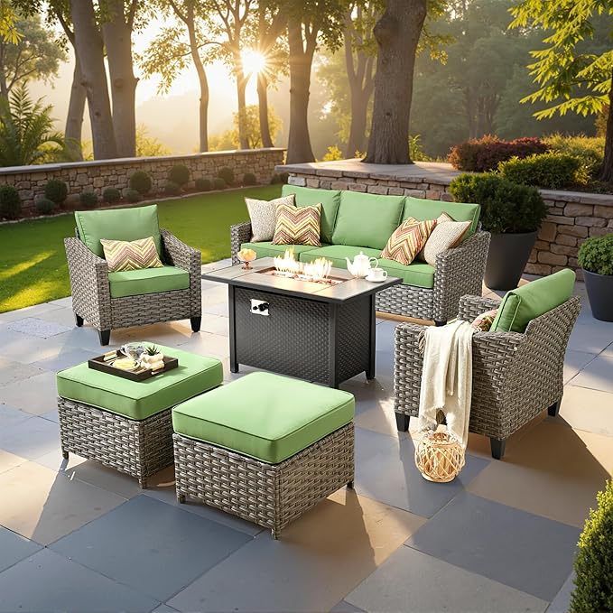 6 PCS Outdoor Patio Furniture 42in Set with Fire Pit Table, All-Weather Rattan Wicker Conversation Group with Deep Seating, Armchairs & Ottoman, High Back Comfort for Porch, Backyard, Green