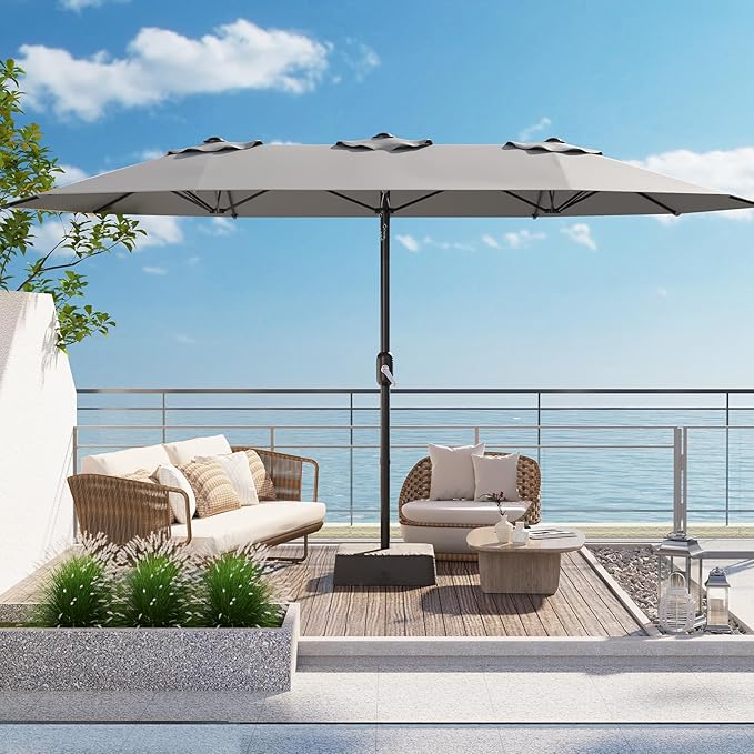 TrailBlaze 15ft Large Patio Umbrella with Base, Outdoor Rectangle Umbrella Double-Sided Market Umbrella with Crank Handle UV Protection Table Umbrellas for Backyard, Deck, Poolside and Garden