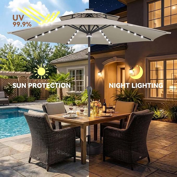 Jarka&Co 9ft Solar Patio Umbrella - 2 Tiers Solar Outdoor Umbrella with 40 LED Lights Waterprool UV Protection, Market Table Umbrella with Tilt for Backyard, Garden, Pool, Porch (Taupe)