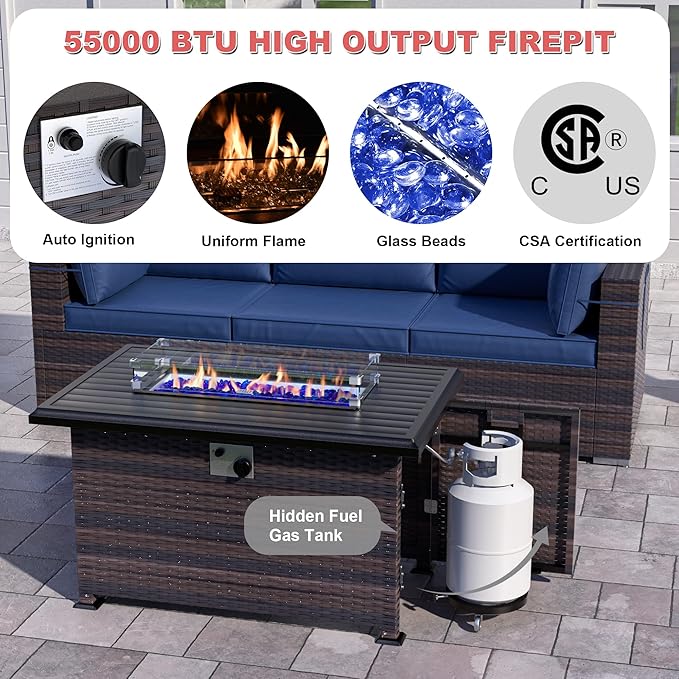 Patio Sofa Set 10-Pieces PE Rattan Swivel Rocking Chairs Outdoor Furniture Set w/43in Gas Fire Pit Table, Navy Blue