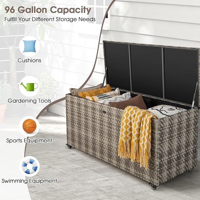 HAPPYGRILL PE Wicker Outdoor Deck Box, 96 Gallon Storage Box with 4 Wheels and Liner, 2-in-1 Multifunctional Storage Box for Patio Furniture Cushions Garden Tools Pool Accessories
