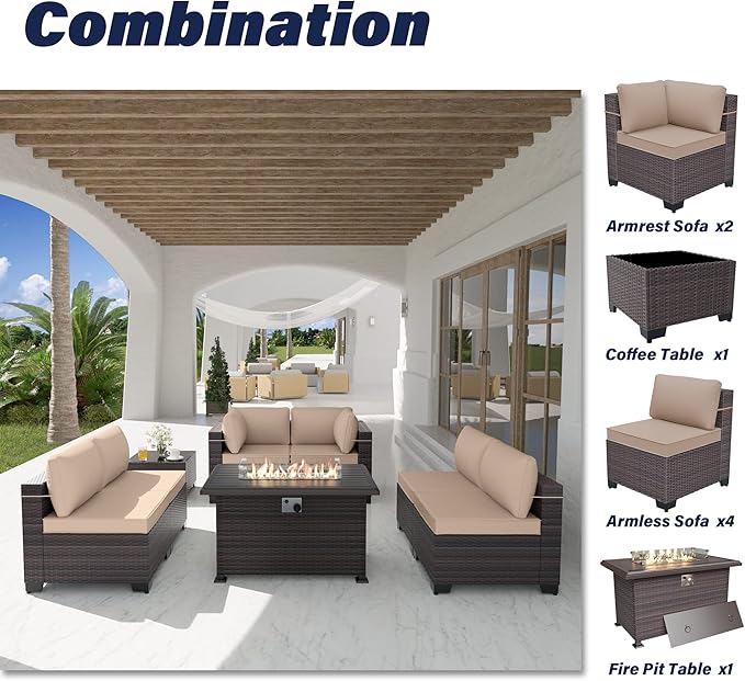 Patio Furniture Set with Fire Pit Table 8-Piece Outdoor Sectional Furniture Outdoor Rattan Patio Conversation Sets with 55,000 BTU Propane Gas Fire Pit Table and Glass Table, Sand
